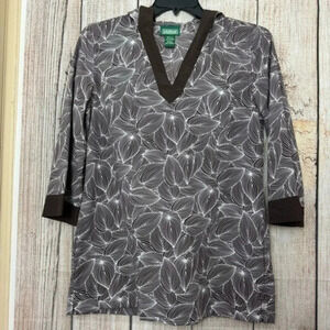LL Bean Popover Hoodie Tunic Top Brown White Leaf Cover Up Casual Womens medium